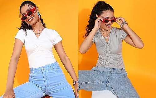 Image of POPWINGS Casual Solid V-Neck Short Sleeves Summer Wear Tops Combo for Women