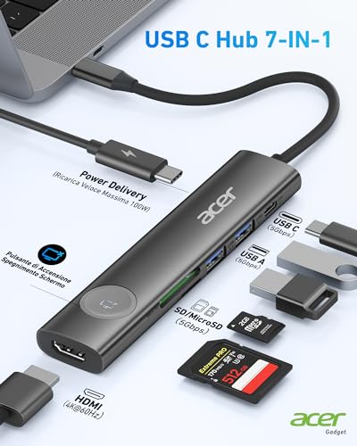 Acer Hub USB C, Adattatore USB C 7 in 1 a HDMI, 2 Porte Dati USB 3.1 e Tipo-C, HDMI 4K@60Hz, PD 100W, Lettore di Schede SD, Pulsante di Accensione/Spegnimento Schermo per Macbook Pro, iPad Pro (Nero) - Hub USB - Immagine 1