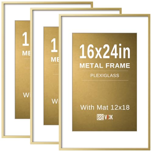 Image of VCK 16x24 Frame, Gold Metal - Matted to 12x18, 3 Pack, for Art Print