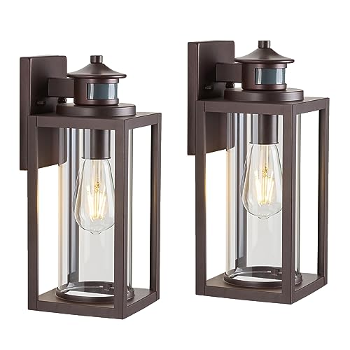 Image of MICSIU Bronze Motion Sensor Exterior Wall Light 2 Pack, 13 Inch Farmhouse | Waterproof Dusk to Dawn Outdoor Lighting with Clear Glass, Outside Porch Light for House, Front Porch, Garage, Walkway