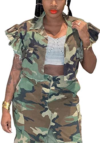 LETSVDO Women's Sexy Camo Halter Vest Backless Sleeveless Lapel V Neck Button Down Jean Crop Tank Top2