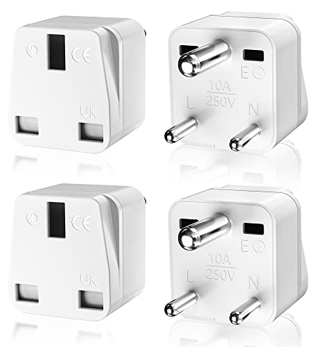 HITRENDS Lot de 4 adaptateurs de Voyage Indiens vers UK 2 Broches vers 3 Broches dans Le Monde Entier Adaptateur convertisseur Prise UK (10 A/250 V), pour Inde, Pakistan, Sri Lanka (Type D), Blanc Cover