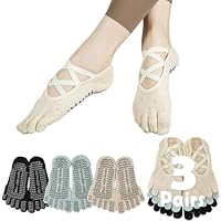 Sunolkie Antiscivolo Pilates Calze per Donna 5 Dita Calzini Yoga Grip Calzino da Allenamento Impugnature e Cinghie Antiscivolo,3 Paia