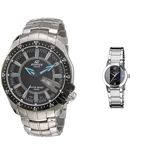 Image of Casio Analog Black Dial Silver Band Men's and Women's Watches Combo (EF-130D-1A2VDF, LTP-1230D-1CDF) | rakshabandhan Gifts