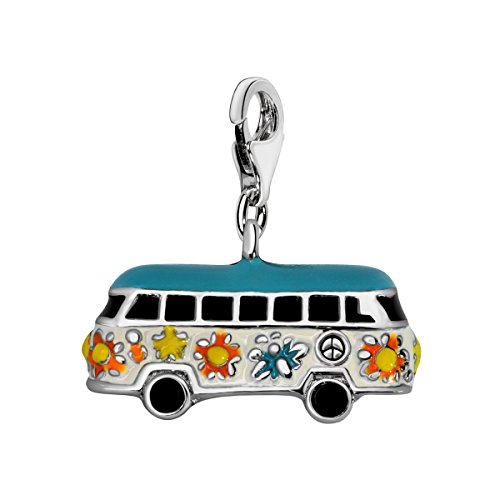 Quiges Multi Colour Enamel 3D Hippie Bus Clip On Charm Pendant Silver Plated Women's Jewellery