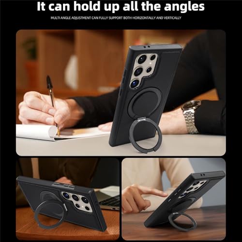 Image of Bumper Case with Kickstand for Samsung Galaxy S-Series Ultra Case Compatible with Wireless Charging | Luxury Aluminum Armor (Ring Leather-Black, Samsung Galaxy S25 Ultra)