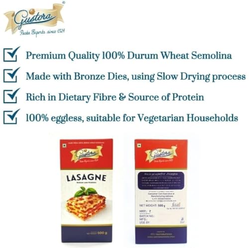 Image of Gustora Ready To Eat Lasagne Luscious Pasta Sheets Of Lasagne I 100% Durum Wheat Semolina Lasagne Sheets I Gluten Free I Vegetarian Instant Lasagne, 500 Gm