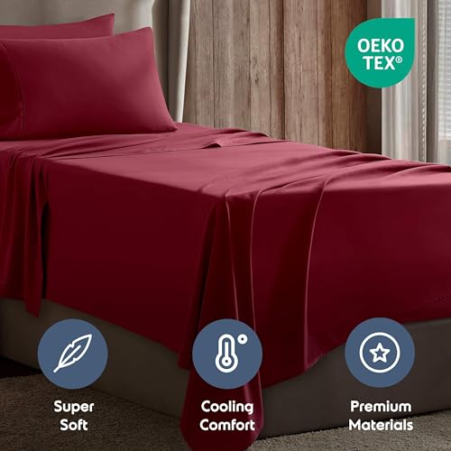 Image of Nestl Twin XL Bed Sheet Set - Burgundy Red - 3-Piece Deep Pocket | Instantly Soft, Night-One Ready (No Wash Required). Fits 16-Inch Deep Pockets, 360-Degree Elastic Grip