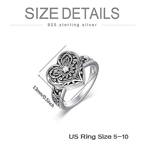 SOULMEET Sterling Silver Heart Sunflower Locket Ring That Holds Pictures Personalized Memorial Photo Locket Band Poison Locket Rings (Sizes 5,6,7,8,9,10)4