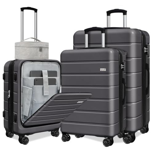 Image of KEYTANG SmileLine 3-Piece Luggage Set Lightweight Hardside Suitcase TSA Lock Spinner Wheels, 20 inch Expandable Carry-On Luggage with Quick Access Front Open Pocket, Bonus Makeup Bag,Gray