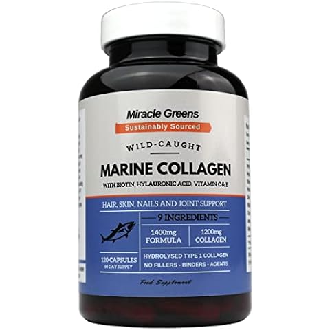 Marine Collagen 1400mg | 120 Capsules with Biotin, Hyaluronic Acid, Vitamin C, E, B2, Zinc, Copper & Iodine | Hydrolysed Type 1 Collagen for Skin, Hair, and Joints | from Sustainable North Sea Fish Cover
