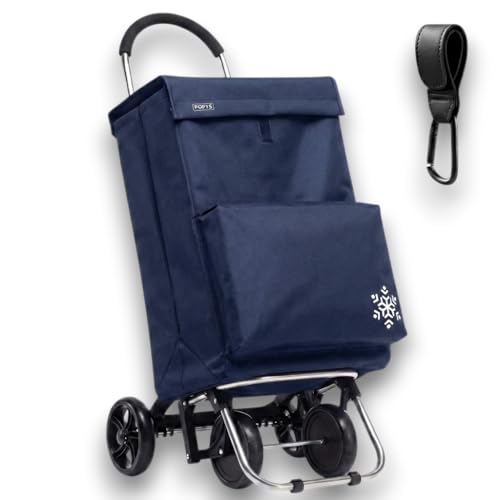 POPYS® Carrinho de compras de 50 l gancho multiusos de presente com compartimento refrigerante | carrinho de compras de 4 e 2 rodas ideal para supermercado (requer montagem) (azul-marinho)