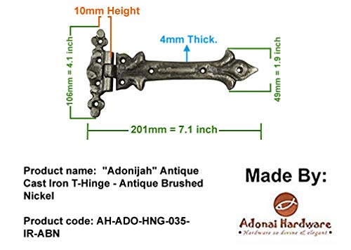 Image of Adonai Hardware Adonijah Antique Cast Iron Strap T Hinge (7.9 inch x 12 Pack, Antique Brushed Nickel) for Barn Doors, Gates, Kitchen Cabinets, Sheds, Wooden Box, Furniture, Cedar Chest and Trunks