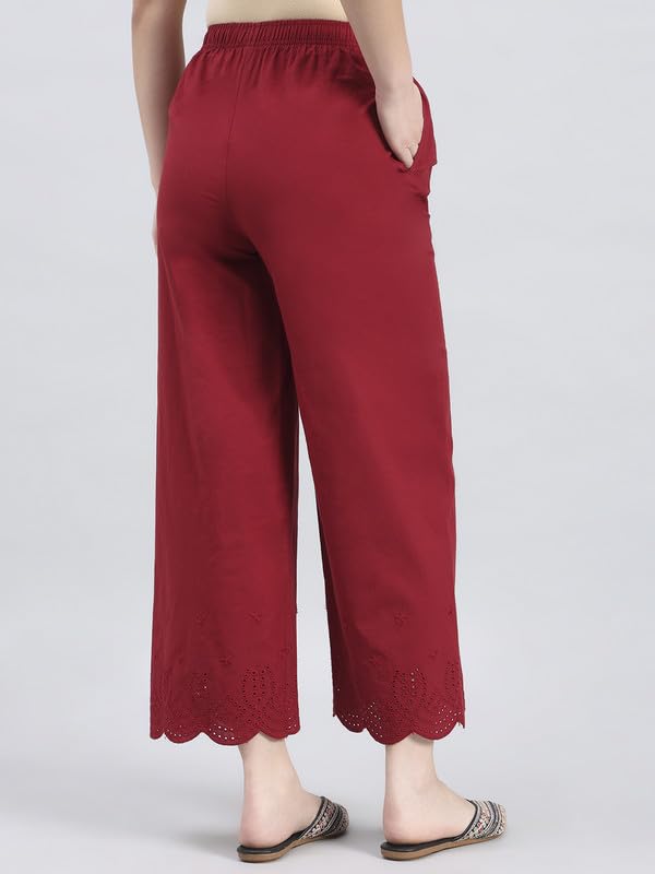 Image of GO COLORS Women's Cotton Hakoba Palazzo | Ankle Length, Schiffli Embroidery, Relaxed Fit, Mid-Rise with Side Pocket