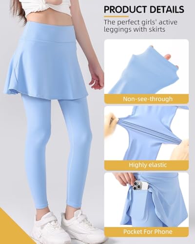 2 in 1 Girls Leggings with Skirt High Waisted Tennis Athletic Flowy Skirted Legging with Pockets for Kid3