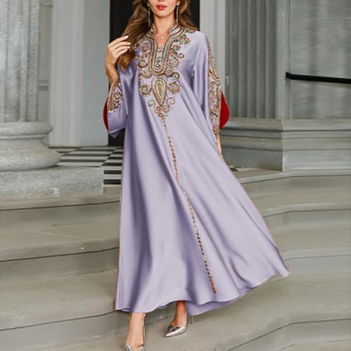 Muslim Abaya Dresses for Women V Neck Kaftan Islamic Prayer Robe Embroidered Bronzing Dress Holiday Evening Dress3