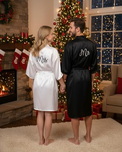 Image of Jecery 2 Pcs Satin His and Hers Robes Set Mr. Mrs. Silk Matching Robe for Couples Women Man Wedding Engagement Bridal Gift