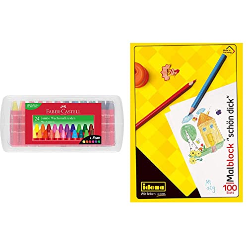 Faber-Castell 120034 - Wachsmalkreiden Jumbo 24er Box, inklusive Neon-Farben und Hautfarbe + Idena 10390 - Idena Malblock, A4, 100 Blatt, 70g/m², Schön Dick