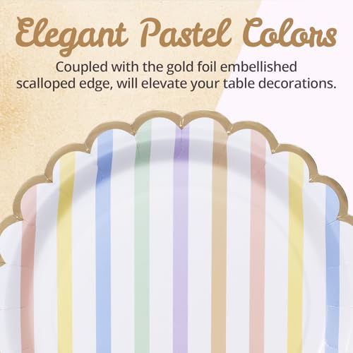 Image of Party Paper Plates, 50-Pack 9-Inch Bulk Disposable Decorative Paper Plates with Gold Scalloped Trim, Pastel Colors for Tea Party, Easter, Garden Party, and Bridal Showers, Pastel Rainbow Stripes