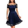 MISSMAY Women's Vintage Floral Lace Short Sleeve Boat Neck Cocktail Party Swing Dress (Large, Navy Blue)