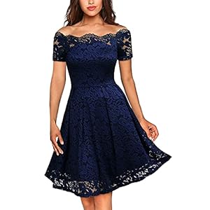 MISSMAY Women's Vintage Floral Lace Short Sleeve Boat Neck Cocktail Party Swing Dress (Large, Navy Blue)