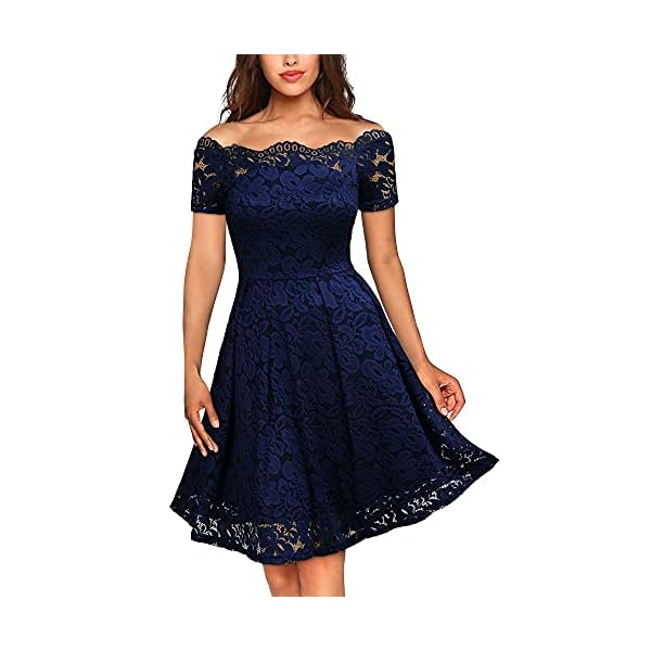 MISSMAY Women's Vintage Floral Lace Short Sleeve Boat Neck Cocktail Party Swing Dress (Large, Navy Blue)