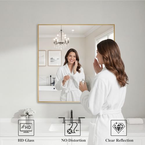 Image of Koonmi Gold Mirrors for Wall, 30x30 Inch Bathroom Mirror, Rectangular Wall Mirror for Living Room Bedroom Bathroom, Hangs Horizontally or Vertically