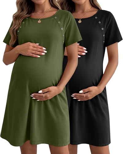 Image of Huukeay 2 Pack Labor and Delivery Hospital Gown Women Nursing Birthing Maternity Dress 3 In1 Breastfeeding Buttons Pjs Robe