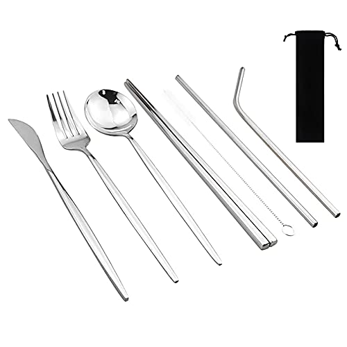 Gugrida 8 Pcs Reusable Utensils with Case, Office Lunch Utensils, Portable Flatware Stainless Set with Grey Waterproof Pouch, Outdoor Camping Picnic Cutlery Set Straw Knife Fork Spoon (Silver)
