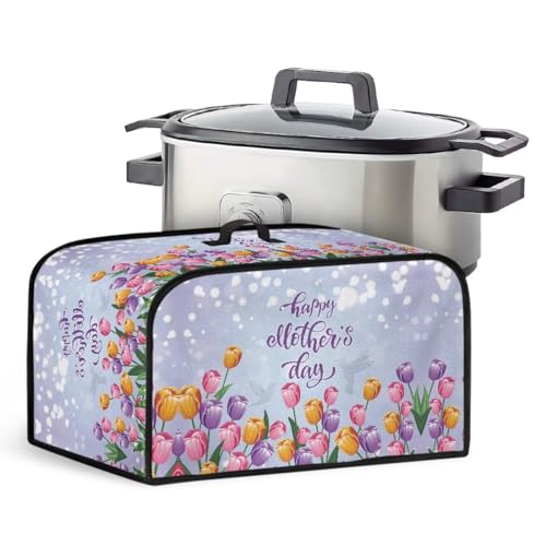 Suhoaziia Colorful Tulips Slow Cooker Cover Case with Side Mesh Pocket for Accessories Oval Flower Slow Cooker Dust Cover Crock Pots Cover for Home Kitchen Dining Room Decor Mother's Day