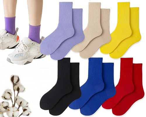 CHUNFO Colorful Womens Classic Solid Ankle Fun Cute Cotton Running Athletic Dress Crew Socks 6Pairs