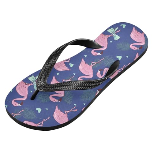 ALAZA Green Bow and Flamingo Flip Flops for Women Fashion Beach Slippers Comfort Mens Flip Flops Non-Slip Rubber Shower Slippers Sandal for Hotel Travel Sport,XS2