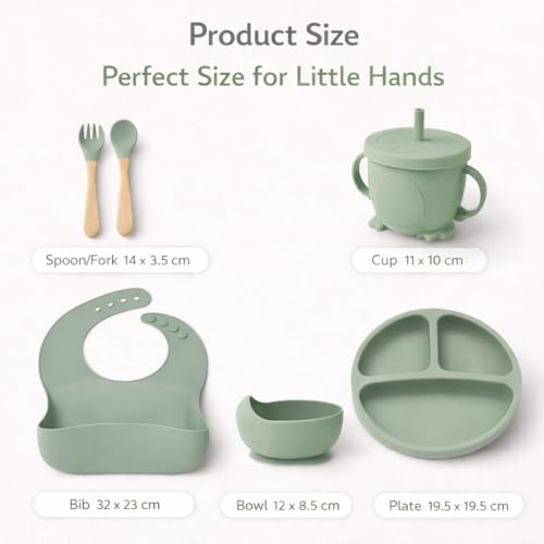 Image of 6PCS Silicone Baby Feeding Set - Suction Plate, Bowl, Bib, Spoon, Fork, Cup - BPA-Free, Non-Toxic, Microwave & Dishwasher Safe for Toddlers 6+ Months - Green