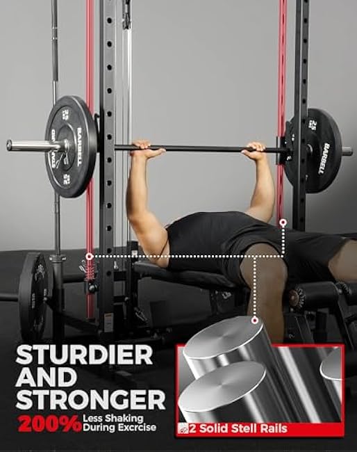 Mikolo Smith Machine Home Gym Power Cage (1:1 Ratio Strength Trainer) (Space Saving Design) (with 8 Free Attachments) Squat Rack for Full Body Training