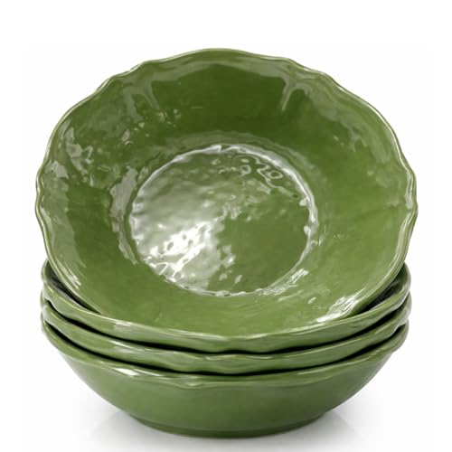 Image of Lynnsen 25 oz Melamine Soup Bowls Set of 4 - Green 7.5 Inch Pasta & Fruit Bowl Salad, Pasta with Scalloped Edge and Textured Surface Dishwasher Safe, Non-Breakable -Green