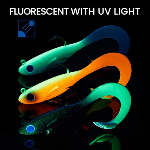 Image of TRUSCEND Duramax TPE Soft Fishing Lures with BKK Hooks, Easy Catch Curly & T-Tail for Trembly Sinking & Vibrating Swim, UV or Glow Effect for All Conditions, Pre-rigged Swimbait for Bass Trout Crappie