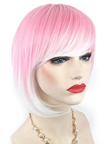 New Women's Short Bob Pink Synthetic Wig with Oblique Bangs and 1 Wig Cap - Ombre White Cosplay Colored Wigs ; Rose Net Comfortable Breathable Durable; wig007E