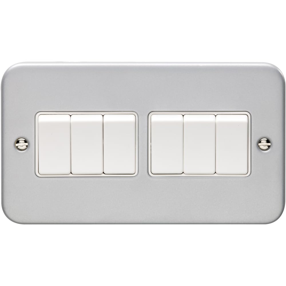 6 Gang Multi Light Switch 2 Way 10A Heavy Duty Metal CLAD - White Trim & Rocker - Decorative Kitchen Living Room Bedroom Plate