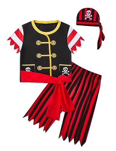 Image of Toddler Boys Outfits Halloween Pirate Striped Trousers Kids Long sleeved Clothes with Hat