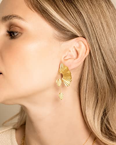 18K Gold Statement Earrings for Women by SNGIA, Chunky Dangle Leaf Fan Shape Flower Earrings, Vintage Boho Accessories by SNGIA, 18K Gold Plated Trendy Fashion Jewelry Gifts3