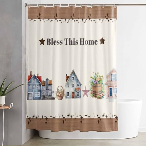 ZFUNCING Shower Curtain for Bathroom Farmhouse Flower Bless This Home Waterproof Bath Curtains Grommet Shower Curtains with Hooks for Bathtubs Toilet Decor 72x84in Rustic Shining Star Wood