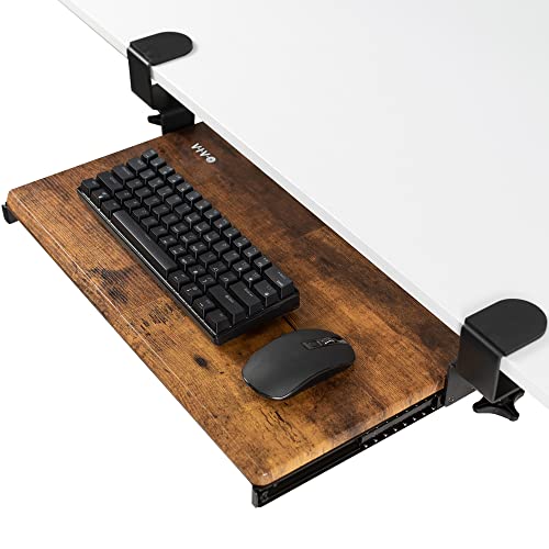 Image of VIVO Small Keyboard Tray, Under Desk Pull Out with Extra Sturdy C Clamp Mount System, 20 (26 with Clamps) x 11 inch Slide-Out Platform Drawer, Rustic Vintage Brown Top, Black Frame, MOUNT-KB05ES-N | Keyboard Tray for Typing, Slide Out Platform, Rustic, Extra Sturdy C-Clamp Mount System, Computer Drawer, Black Frame