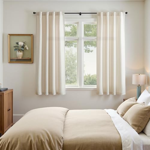 Image of jinchan Beige Curtains for Living Room Bedroom Linen Textured 63 Inches Length Farmhouse Casual Weave Back Tab Drapes Light Filtering Window Curtains 2 Panels Heathered Beige