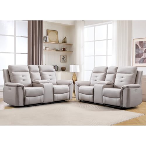Image of ANJ Oversized Power Reclining Loveseat Sofa Set of 2 with USB Charging Port, Breathable Faux Leather 2-Seater Electric Recliner Couch with Cup Holders & Storage Console for Living Room, Beige