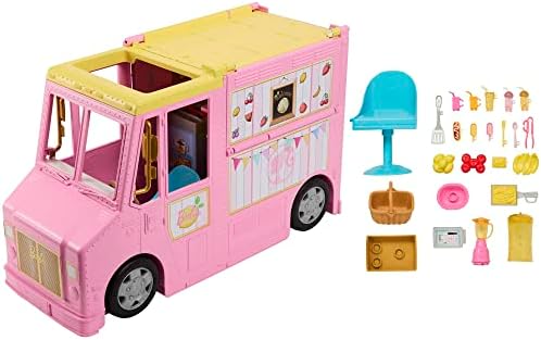 Barbie Sets, Lemonade Truck Playset with 25 Pieces, Prep and Dining Areas, Colorful Food and Drink Accessories, HPL71