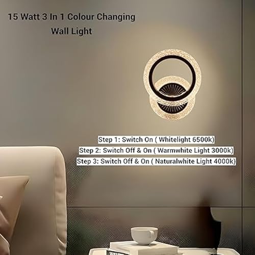 Image of SINOMAN Modern Inbuilt LED Crystal Wall Light Decorative Ring Design Sconce 3 Step Adjustable Color Changing, Ambient Lighting for Living Room, Bedroom, Hallway, and Home Decoration