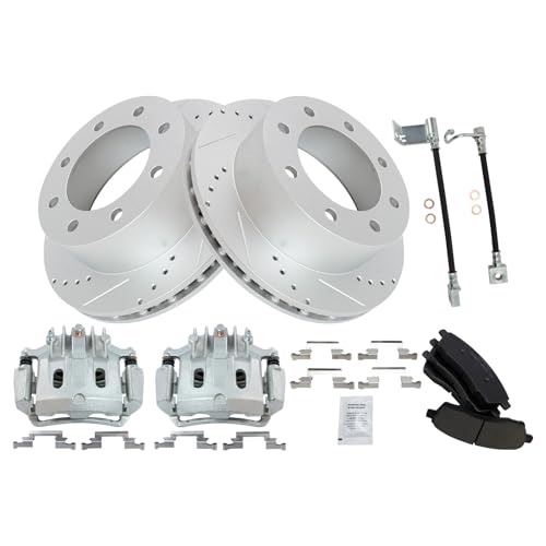 Image of TRQ Brake Pad & Rotor Kit Slotted X Drilled Performance Ceramic Compatible with 2002-2004 Ford F-250 Super Duty F-350 Super Duty