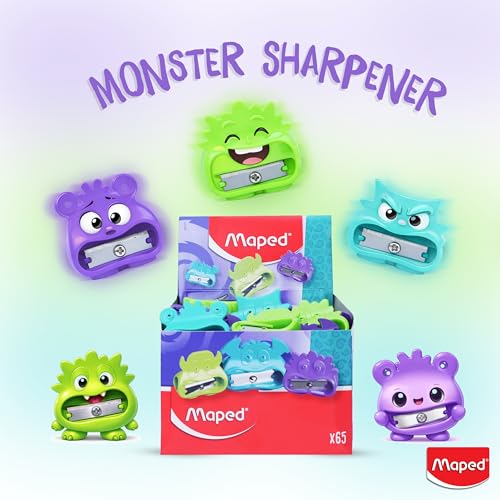 Image of Maped Vivo Monster 1H Sharpener-Pack of 65|Compact & Long Lasting|Smooth Sharpening|Cartoon Collective Sharpening Tool|Fancy & Cute Designs for Kids|Useful for School, Office & Gifting Purpose