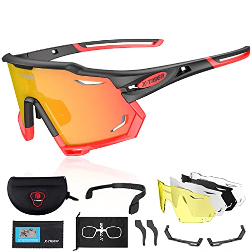 X-TIGER Gafas de Ciclismo con 5 Lentes Intercambiables Montura TR90 Gafas de Bicicleta, Moto MTB Bicicleta Carrera de béisbol, Escalada Deportes al aire libre Gafas