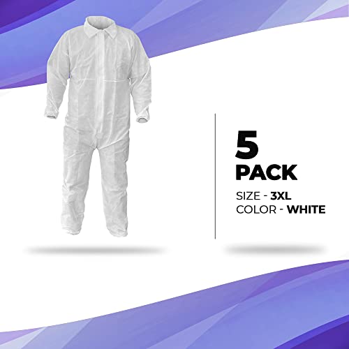 Amz Medical Supply Disposable Coveralls For Men And Women 3X-Large, Pack Of 5 White Paint Coveralls Disposable With Front Zip, Elastic Wrists, Open Ankles, 50 Gsm Polypropylene Hazmat Suits Disposable #TOP1